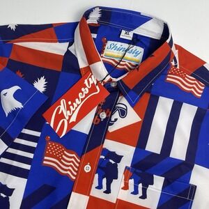 Shinesty Men's XL Hot Tub Club American Flag Red White Blue Short Sleeve Button